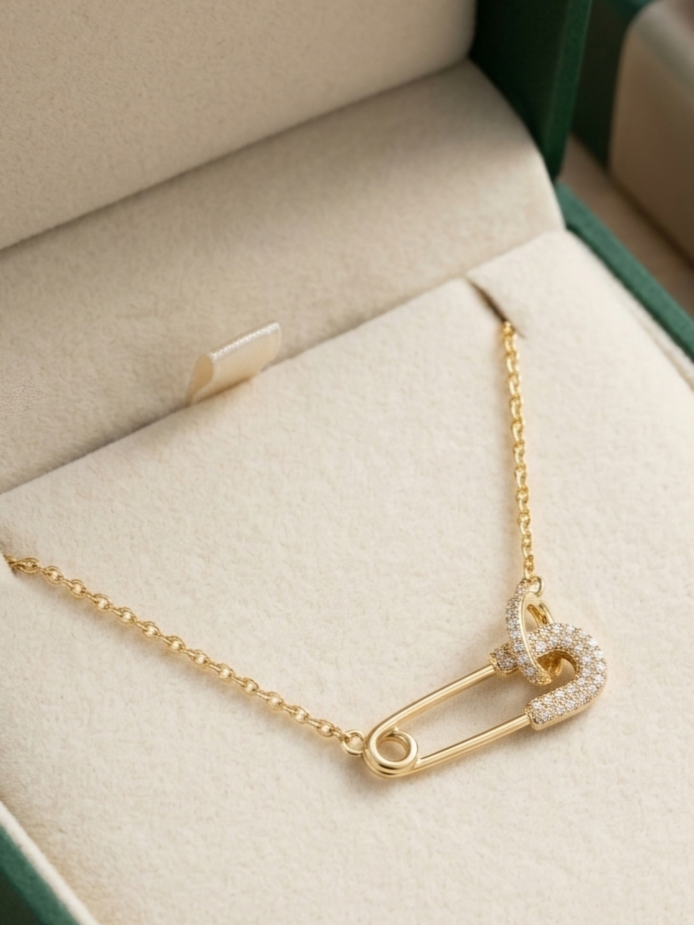 Moissanite Gold Safety-Pin Pendant Necklace